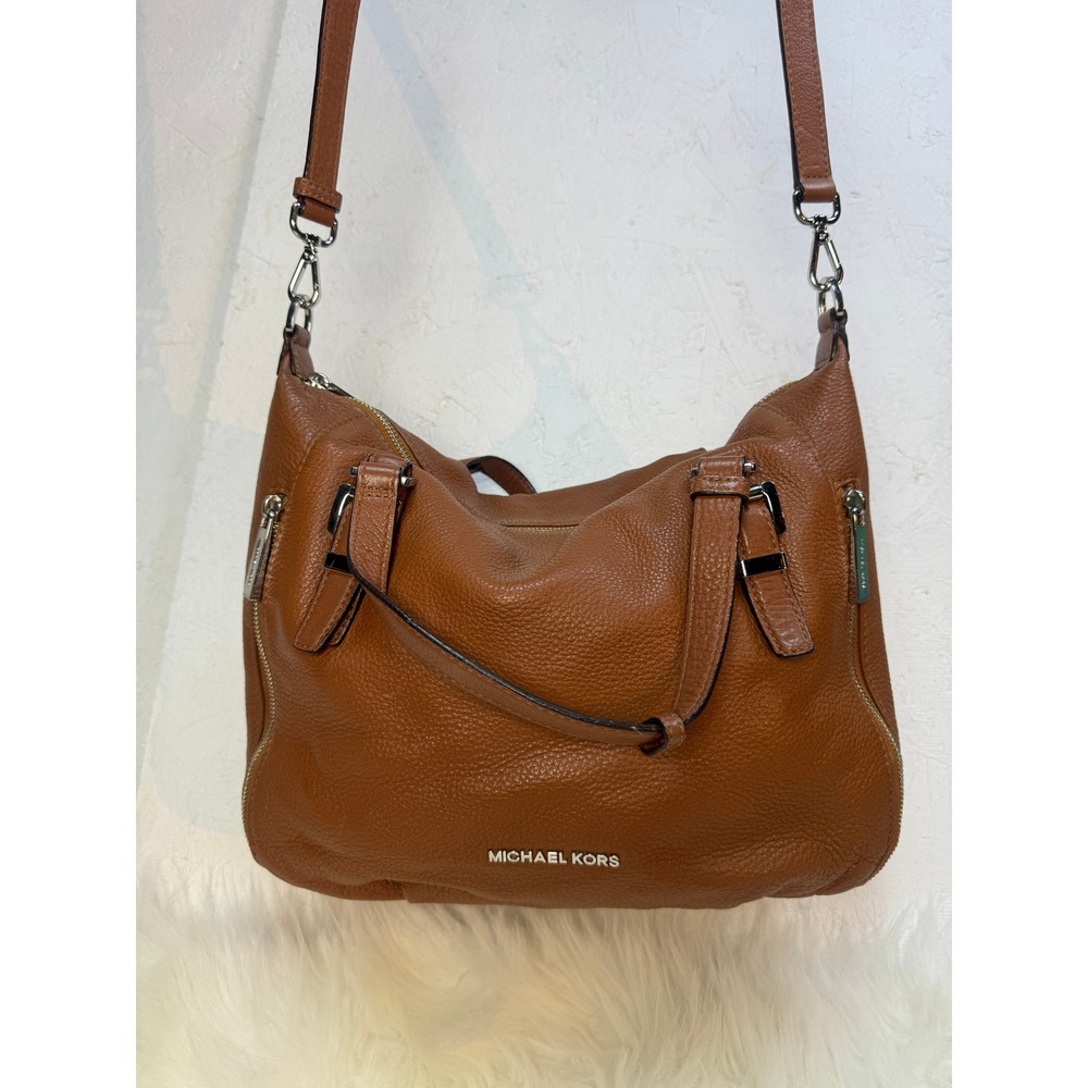 Michael Kors Bedford Brown Pebbled Leather Hobo Shoulder Bag Silver Hardware - Picture 2 of 14